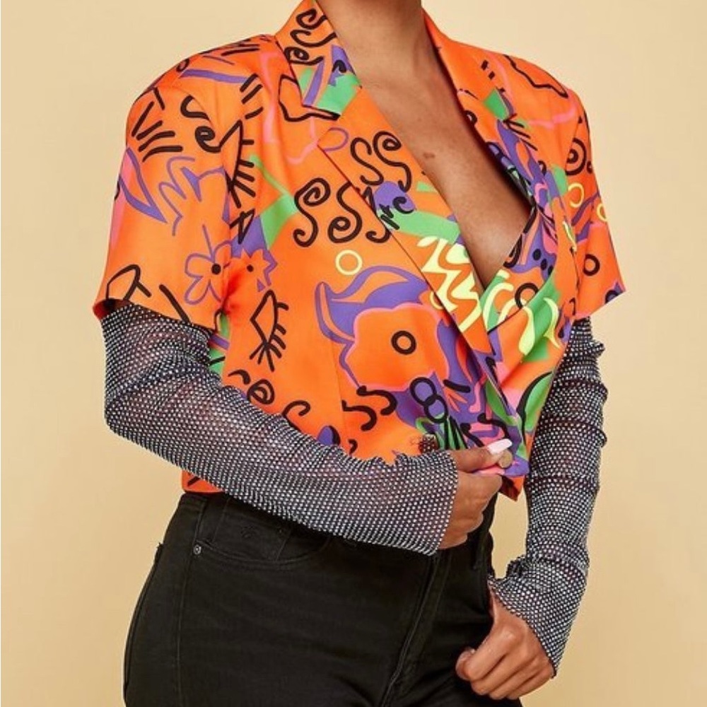 Rhinestone Net Sleeve Graffiti Blazer 🧡💜
